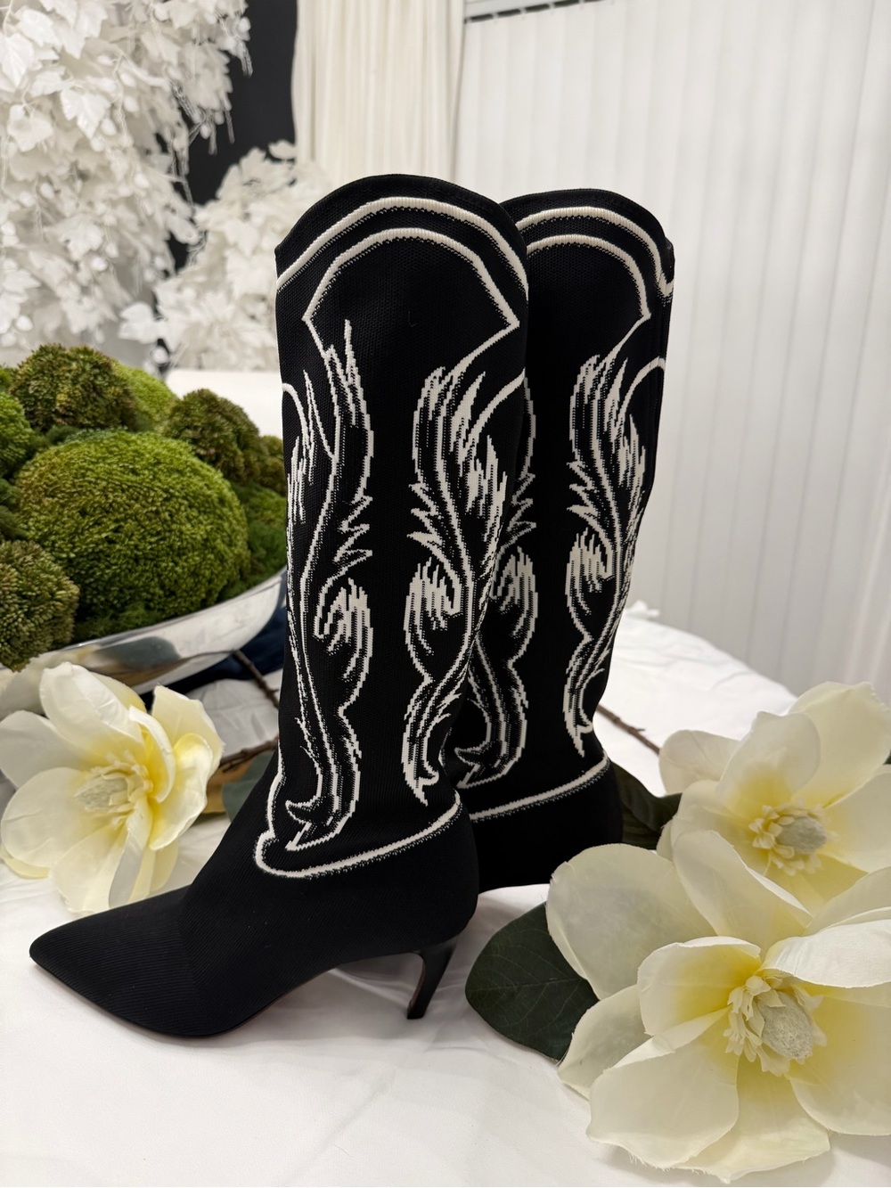 Dior Black Knee-High Boots with White Embroidered Detailing